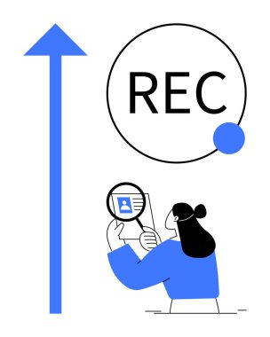 İşe alım konsepti. Büyüteç ve profil kartıyla işe alım süreci. Yükselen okla işe alma hedefleri. İK, işe alım, iş arama, iş gücü planlaması, analitik