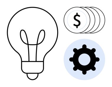 Business innovation. Lightbulb, coins, and gear ideas, financial growth, and process efficiency. Business innovation driving profitability and technological solutions. For startups, finance