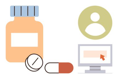 Sağlık hizmetlerine erişim, ilaç takibi, çevrimiçi eczane, dijital sağlık hizmetleri, reçete yenileme, tıbbi teknoloji. Haplar, reçeteli şişe kullanıcı profilli imleci bilgisayar ekranı. Sağlık Hizmetleri