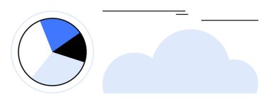 Mavi ve siyah segmentli pasta grafiği, bulut çizelgesi ve hareket veya veri akışını gösteren çizgiler. Bulut teknolojisi, analitik, veri paylaşımı, hesaplama, yenilik ve bağlantı için ideal