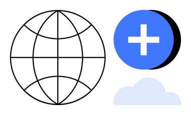 Küresel ağ kavramı. Bir küre, artı sembol ve dijital bağlantı, iletişim ve veri paylaşımı küresel ağ kavramları. Teknoloji, eğitim ve bulut hesaplama için ideal