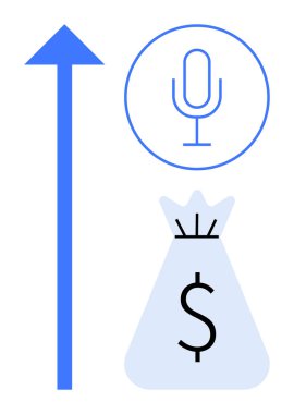İlerlemeyi gösteren yukarı ok, ses teknolojisi için mikrofon sembolü ve maddi büyümeyi temsil eden dolar işaretli para çantası. Teknolojik yenilik, finans, dijital ekonomi ve gelir için ideal