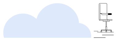 Bulut deposu, dijital çalışma alanı, çevrimiçi veri paylaşımı, uzaktan çalışma, teknoloji çözümleri, sanal ofis. Modern ofis koltuğu ile minimum bulut şekli. Bulut depolama ve dijital çalışma alanı