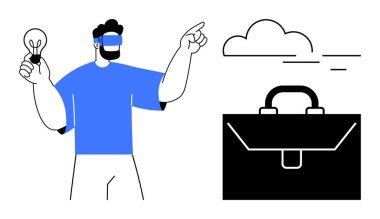 Yenilik, sanal gerçeklik, dijital yaratıcılık, modern iş, teknoloji fikirleri, profesyonel çözümler. Adam, yanında evrak çantası olan VR gözlüklü bir ampul tutuyor. Yenilik