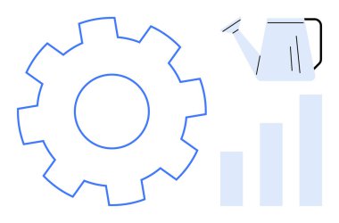 Büyüme konsepti. Bir dişli, bir sulama kutusu ve ilerlemeyi gösteren bir çubuk grafiği kullanarak büyüme. Üretkenlikte, takım çalışmasında ve sürdürülebilirlikte büyüme. İş için, eğitim için yenilikçilik tarım