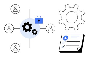 Dişliler kullanıcı avatarlarıyla bağlantılı, güvenliği simgeleyen kilit, kontrol listesi belgesi. Takım çalışması, iş akışı, veri koruması, işbirliği, organizasyon, strateji için ideal basit düz metafor