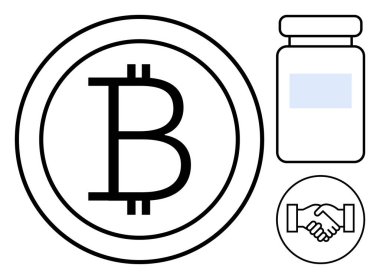 Kripto para birimi konsepti. Şifreli para birimi Bitcoin sembolü el sıkışma ve ilaç şişesiyle eşleştirildi. Dijital finans, engelleme zinciri, sağlık ve ticaret için kripto para birimi. Finans ve iş için uygun
