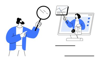 Veri analizi Bir insan ekranda analizleri incelerken bir büyüteç tutar. Veri analizi sezgileri, karar verme mekanizmasını ve verimliliği arttırır. İş, eğitim ve teknoloji için.