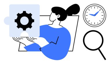 Kadın bulmaca parçasını teçhizatla sunuyor, problem çözme ve süreci sembolize ediyor. Özellikleri saat ve büyüteç. Takım çalışması, analiz, strateji, üretkenlik, zaman yönetimi için ideal