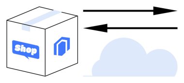 Çevrimiçi alışveriş, lojistik, bulut depolama, veri transferi, tedarik zinciri, teknoloji. Dükkan ve bulut simgeleriyle dolu bir kutu, iki yönlü ok ve bir bulut şekli. E-ticaret ve lojistik kavramı