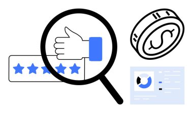 Müşteri geri bildirimi. Müşteri geribildirimi için dijital simgeler, yıldız reytingleri ve turta grafiği dahil. Müşteri geri bildirimi finansal performansla bağlantılı. İş, pazarlama, analitik, kullanıcı