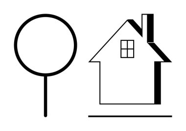 Gayrimenkul, ev satın alma, mülk arama, konut piyasası, konut geliştirme, mekan odaklama. Büyüteç sembolünün yanındaki evin taslağı. Gayrimenkul ve ev alma