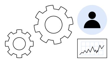 İş stratejisi, veri analizi, verimlilik, takım çalışması, performans yönetimi, büyüme. İki vites, kullanıcı simgesi ve yukarı doğru çizelge. Verimlilik ve büyüme kavramı