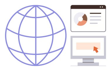 İnternet bağlantısı, veri analizi, küresel iletişim, teknoloji, web arayüzü, iş çözümleri. Tarayıcı pencereli dünya. İnternet bağlantısı ve veri analizi kavramı