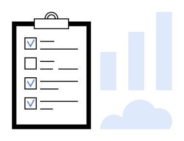 Kontrol listesi konsepti. Üzerinde kontrol işaretleri olan bir pano görev yönetimi ve verimliliği. Çubuklar ve bulut veri analizi, bulut depolama ve dijital organizasyonu ima eder. İş, teknoloji, iş akışı için