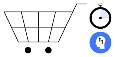 Alışveriş arabası, zaman yönetimi ve tüketici sezgilerini birleştiren e-ticaret konsepti. E-ticaret verimli alışveriş, davranış analizi ve dijital pazarlama stratejilerini optimize ediyor. Perakende için