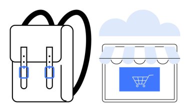 Çevrimiçi alışveriş, e-ticaret, perakende sektörü, dijital mağazalar, ürün satışları, tüketici eğilimleri. Üstünde alışveriş arabası sembolü olan bir ekranın yanında bir sırt çantası. E-ticaret ve online alışveriş kavramı