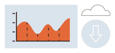 Veri analizi, bulut teknolojisi, dosya depolama, iş çözümleri, istatistik, bilgi paylaşımı. Turuncu tepeli çizgi grafiği, bulut sembolü ve aşağı doğru ok. Veri analizi ve bulut teknolojisi