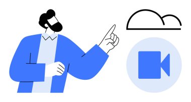 Bulut bilgisayarı, video konferansı, çevrimiçi iletişim, sanal toplantılar, dijital depolama, uzaktan çalışma. Bulut ve video ikonunu işaret eden bir adam. Bulut hesaplama ve video konferans kavramı