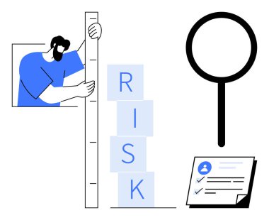 Yığınlanmış blokları ölçen kişi RISK etiketli, büyüteç ve profil ve kontrol listesi olan belge. Risk yönetimi, iş stratejisi, analiz, karar verme, değerlendirme için ideal