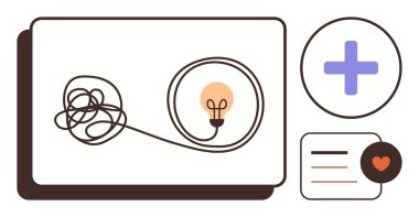 Problem çözme, yaratıcılık, beyin fırtınası, organizasyon, sağlık hizmetleri, yenilik. Ampule giden karışık hat, artı işaret ve not. Sorun çözme ve yaratıcılık kavramı