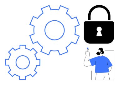 Siber güvenlik, veri koruması, sistem yönetimi, erişim kontrolü, teknoloji entegrasyonu, dijital yenilik. İki vites, bir kilit simgesi ve elinde anahtar tutan bir adam. Siber güvenlik ve veri koruması