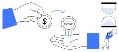 Tokenizasyon kavramı. Para birimi simgelerle ve zaman değeriyle değiş tokuş edildi. Tokenizasyon güvenli ve verimli dijital işlemler sağlar. Finans, teknoloji, engelleme zinciri ve ödemeler için ideal