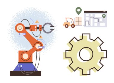 Otomasyon, endüstriyel robotlar, tedarik zinciri, lojistik, teknoloji, imalat. Makineli robot kol, dişli ikon lojistik haritası ve forklift. Otomasyon ve endüstriyel robotlar