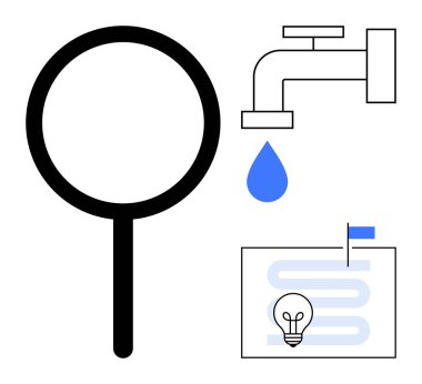 Keşif konsepti. Detaylı arama için büyüteç, sürdürülebilirlik için su ve yenilikçi fikirler için ampul. Eğitim, araştırma, çevre ve problem çözme için