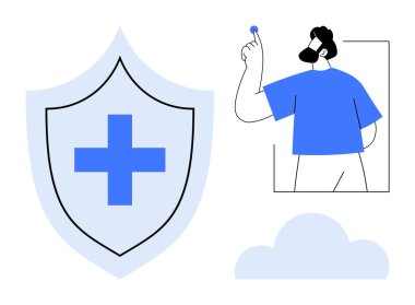Sağlık, veri güvenliği, teknoloji entegrasyonu, kişisel güvenlik, dijital sağlık, ulaşılabilirlik. Haçlı bir kalkan ve dairesel bir ikonu işaret eden bir adam. Sağlık ve veri güvenliği
