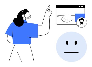 Dijital iletişim, çevrimiçi etkileşim, kimlik doğrulama, kullanıcı arayüzü tasarımı, teknoloji işbirliği, sosyal medya. Tarafsız bir yüz ikonuyla çevrimiçi bir arayüzü işaret eden bir kadın. Dijital