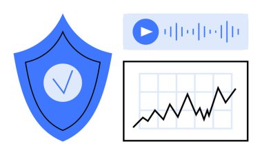 Veri koruması, siber güvenlik, iş analizleri, güvenlik sistemleri, çevrimiçi kimlik doğrulama, trend analizi. İşaretli mavi kalkan, ses dalgası ve yukarı dönük grafik. Veri koruması
