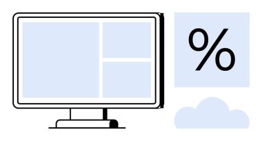 Veri görselleştirme, bulut depolama, dijital hesaplama, yüzde analizi, iş istatistikleri, çevrimiçi hizmetler. Bulutlu bir monitör ve yüzde bir sembol. Veri analizi ve bulut depolama kavramı