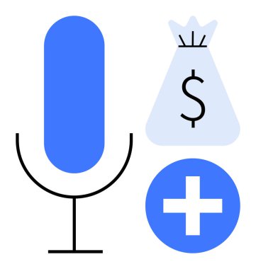 Mikrofon, para çantası ve artı, podcast büyümesi, gelir üretimi, dijital medya, yenilik, çevrimiçi içerik, teknoloji ve yeni iş fırsatları temalarını vurgula. Dijital için ideal