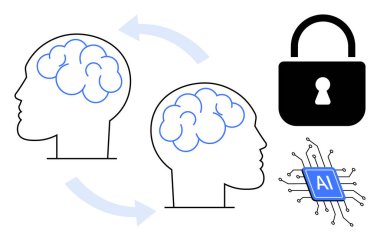 Yapay zeka, makine öğrenimi, beyin araştırması, siber güvenlik, veri koruması, teknolojik yenilik. İki bağlantılı beyin şeması, kilit ve yapay zeka çipi. Al ve beyin araştırmaları