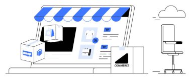 E-ticaret, online alışveriş, küçük işletme, dijital platformlar, uzaktan kumanda, lojistik. Depo önü dizaynı ve kutularla çevrili ürün görselleri olan bir laptop. E-ticaret ve online alışveriş