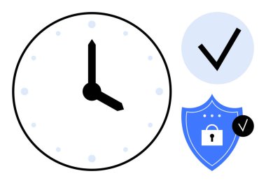 Zaman yönetimi konsepti. Saat, güvenlik elemanlarıyla birleştirildiğinde kalkan ve kontrol işaretlerinin korunması ve doğrulanması sağlanır. Üretkenlik, siber güvenlik, kimlik doğrulama, uygulamalar için zaman yönetimi