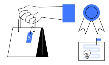 E-ticaret. İndirim etiketli alışveriş çantası, tanınma madalyası ve strateji ikonu planlama. E-ticaret, modern online alışveriş ve pazarlamayı simgeler. Perakende, markalaşma, pazarlama, satış için