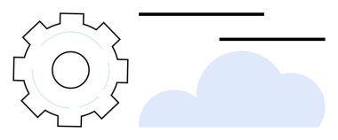 Bulut teknolojisi, veri depolama, iş akışı otomasyonu, mühendislik süreçleri, teknik hizmetler, yenilik. Bulut şekli ve yatay çizgilerin yanında vites simgesi. Bulut teknolojisi ve iş akışı