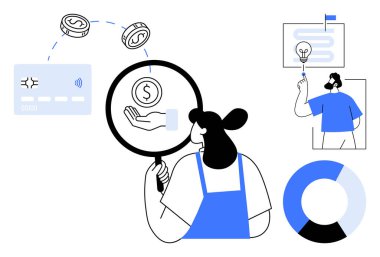 Finans, teknoloji, bütçe, veri analizi, yenilik, problem çözme, ödeme sistemleri. Elinde dolar işareti olan bir el üzerinde büyüteç tutan kadın. Finans ve teknoloji kavramları