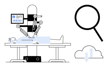 Dijital izleme, büyüteç ve bulut teknolojisi olan bir hastaya robot destekli cerrahi işlem. Sağlık, yenilik, tıbbi gelişmeler, teknoloji, yapay zeka ve robot verileri için ideal