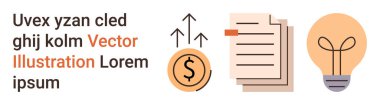 Financial planning, innovation strategies, documentation, economic growth, creativity, and investment ideas. Dollar coin with upward arrows, papers and light bulb. Financial planning and innovation
