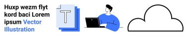 Teknoloji çözümleri, bulut depolama, uzaktan çalışma, veri paylaşımı, çevrimiçi eğitim, dijital araçlar. Bulut çizgisi, dizüstü bilgisayar metin belgesi sembolü olan kişi. Bulut depolama ve teknoloji çözümleri