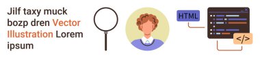 Web geliştirme, programlama, kullanıcı arayüzü, teknoloji kavramları, profesyonel kodlama, çevrimiçi arama araçları. Simgeler arasında bir büyüteç, kullanıcı avatarı ve HTML kod parçaları yer alıyor. Web Geliştirme