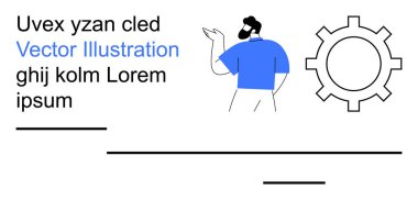 Kullanıcı arayüzü, takım çalışması, teknoloji, geliştirme, dijital araçlar, minimum tasarım. Vites sembolünün yanında el kol hareketi yapan biri. Kullanıcı arayüzü ve teknoloji geliştirme kavramı