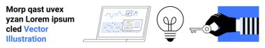 Teknoloji, yenilik, dijital çözümler, siber güvenlik, veri analizi ve yaratıcılık. Grafikleri, ampulü ve el ele tutuşan anahtarı olan laptop ekranı. Dijital çözümler ve yenilik kavramları