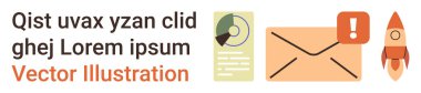 İletişim, bildirimler, veri paylaşımı, e-posta yönetimi, analiz ve büyüme. Simge bir grafik, uyarı sembolü ve roket içeren bir zarf içeriyor. İletişim ve bildirim kavramları
