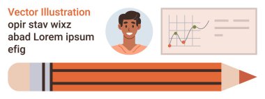 İş stratejisi, veri analizi, eğitim, ofis araçları, yaratıcı iş, kişisel gelişim. Bir karakter, çizelge ve kalem. İş stratejisi ve eğitim kavramı