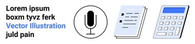 İletişim, ses kaydı, ofis işi, muhasebe, veri analizi, verimlilik. Bir mikrofon, bir belge ve bir hesap makinesi simgesi. İletişim ve ofis işi kavramsal görseller