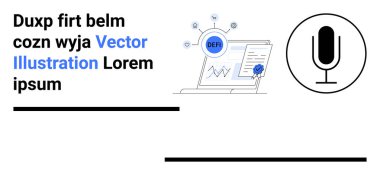 Veri analizi, sunum, iletişim, uzaktan çalışma, podcast, teknoloji. Analitik çizelgeleri ve mikrofon ikonu olan bir dizüstü bilgisayar. Veri analizi ve iletişim konsepti